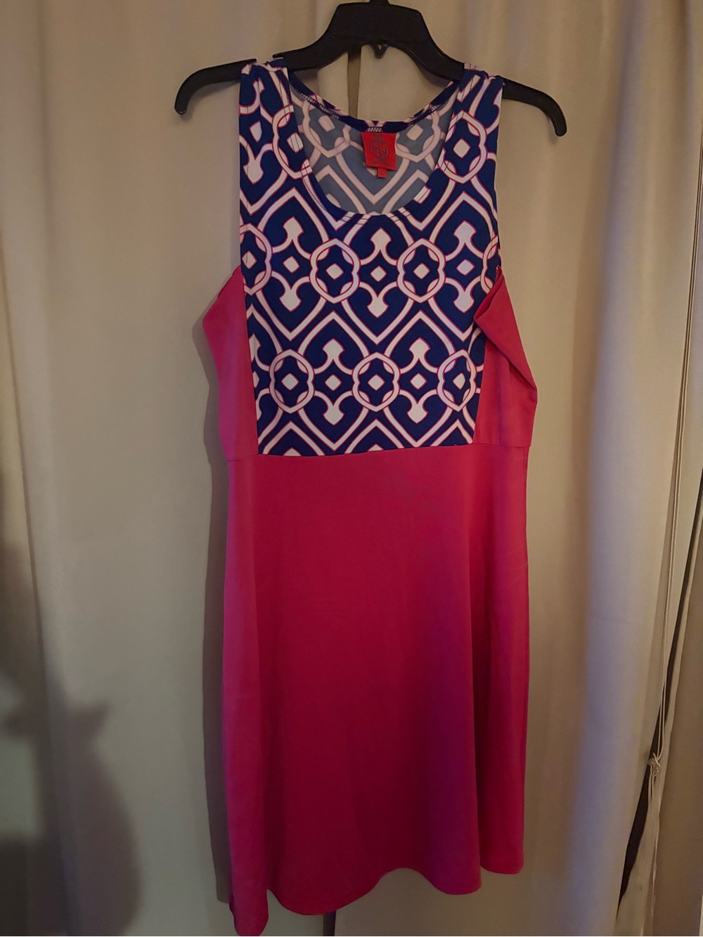 Tracy Negoshian Fuchsia Dress with Navy & White Geometric Top